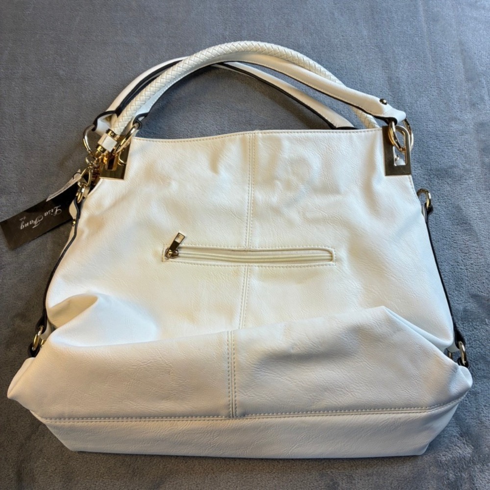 NEW Lisa Fang White Vegan Leather Hobo Bag Rhinestone Gold Chain Shoulder Bag‎